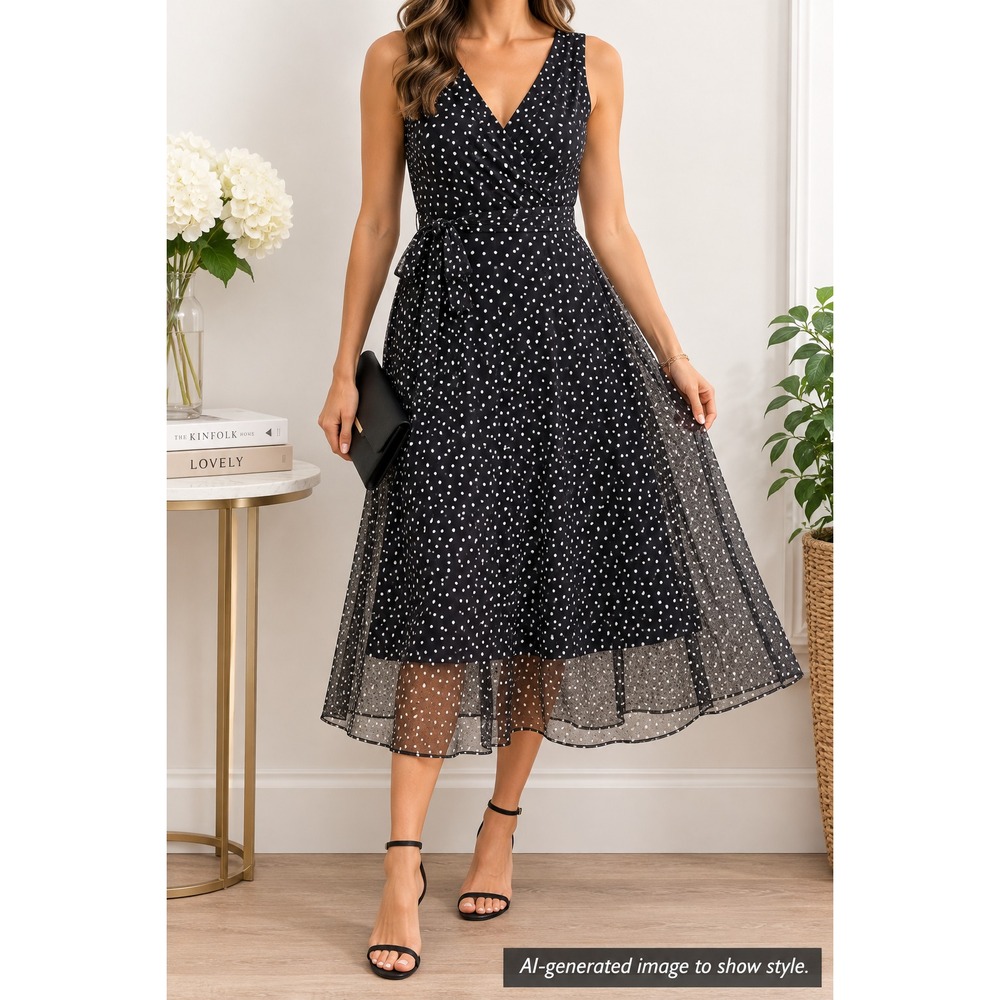 DKNY Womens Black White Polka Dot Mesh Faux Wrap Midi Belted Dress Size 2 NWT